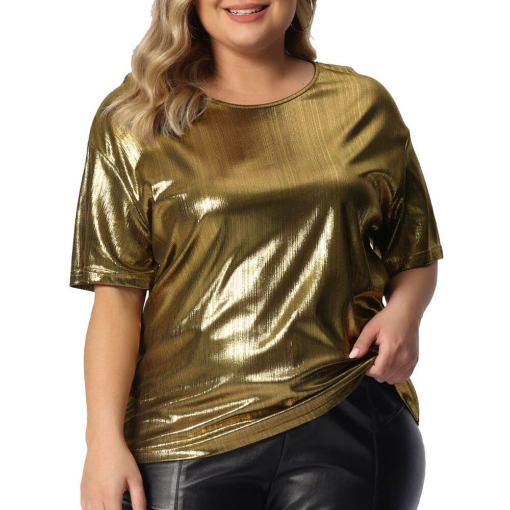Plus Size Blouse Metallic Round Neck Short Sleeve T-Shirt Party Tee Tops Gold